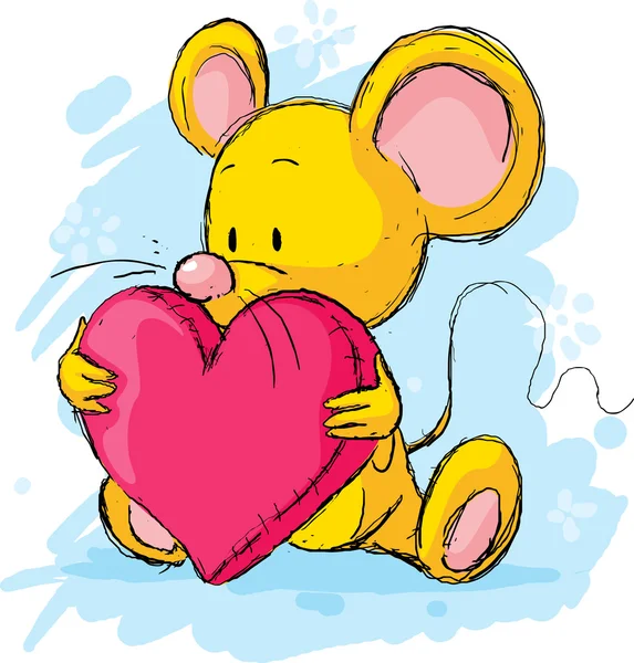 Cute mouse with heart pillow — Stock Vector
