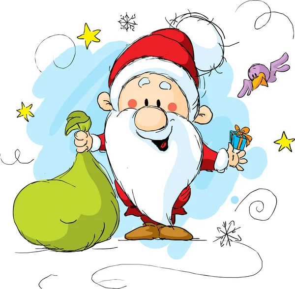 Papai Noel segurando um saco e presente nas mãos — Vetor de Stock