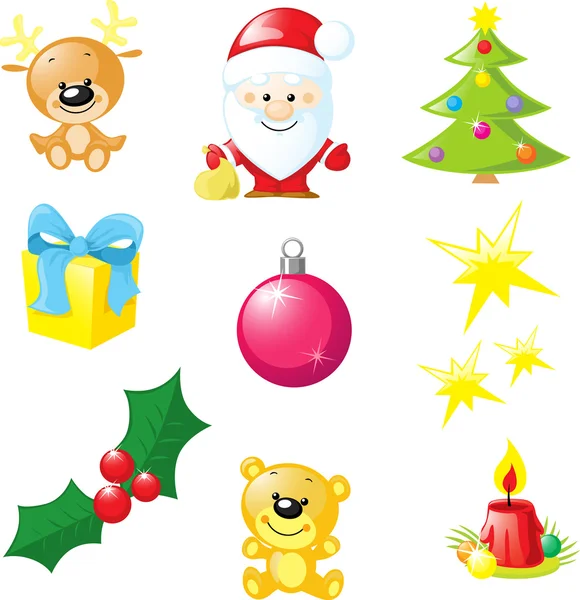 Weihnachtsikone - Weihnachtsmann, Weihnachtsbaum, Kerze, Rentier, Stern, Geschenk, — Stockvektor