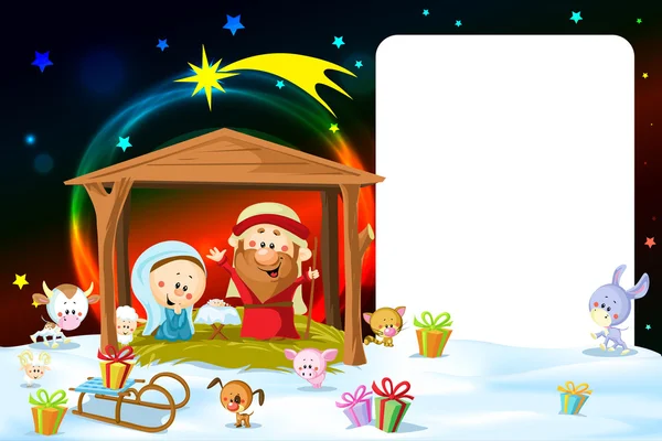 Christmas frame - nativity with lights and cute animals — Stock Vector