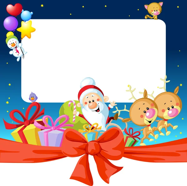 Night christmas frame with Santa Claus, reindeer and snowman - funny vector illustration — Stock Vector
