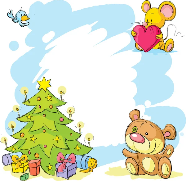 Marco de Navidad con oso de peluche, ratón lindo y pájaro - vector divertido — Vector de stock