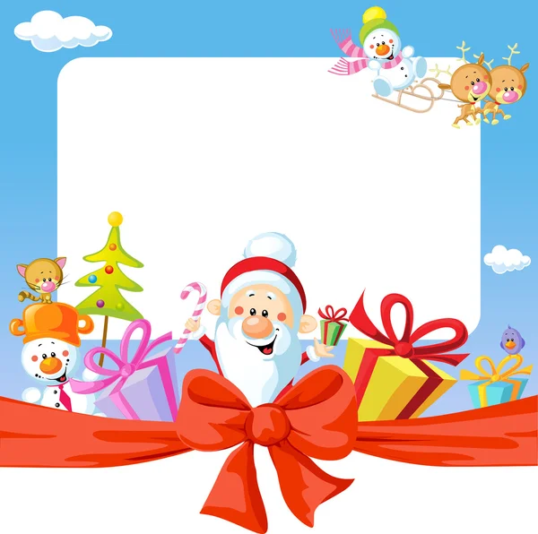 Kerstmis frame wit Santa Claus en geschenken-funny vectorillustratie achtergrond — Stockvector