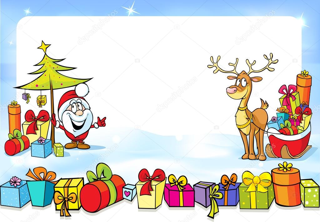 christmas frame with Santa Claus, sleights many gifts and reindeer - funny vector 