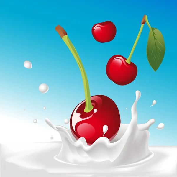 Vector splash of milk with cherry - illustration with blue background — Stock Vector