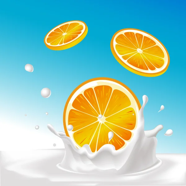 Vektor Spritzer Milch mit orangefarbenen Früchten - Illustration mit blauem Hintergrund — Stockvektor