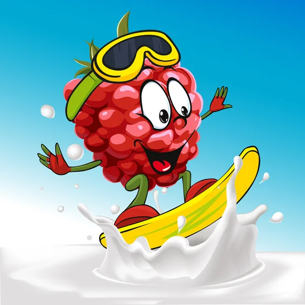 Divertido dibujos animados de frambuesa surfeando en la ola salpicadura de leche - ilustración vectorial — Vector de stock