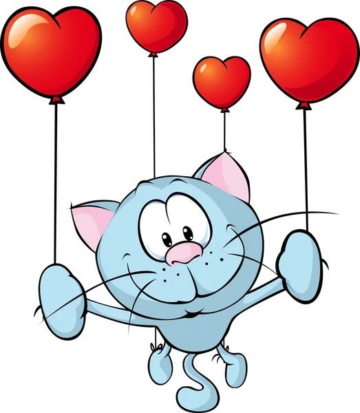 Gato azul divertido volando con globo - ilustración vectorial — Archivo Imágenes Vectoriales