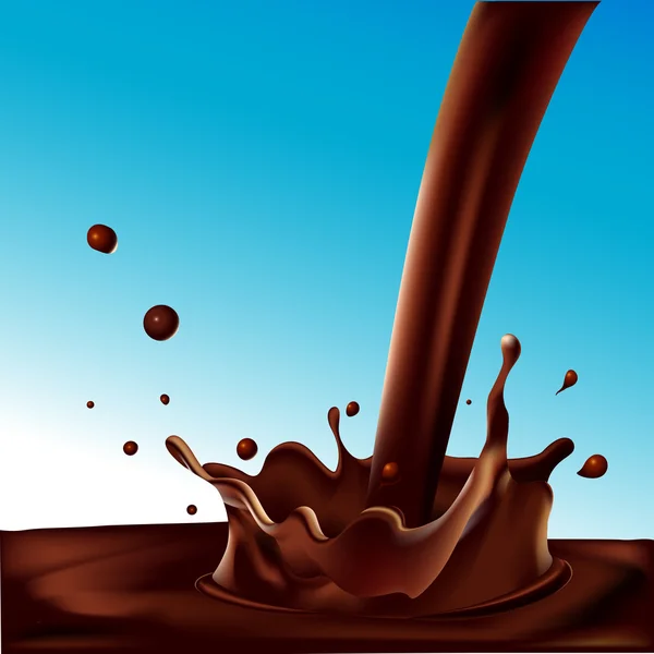 Salpicadura de café caliente o chocolate sobre fondo azul - ilustración vectorial — Vector de stock