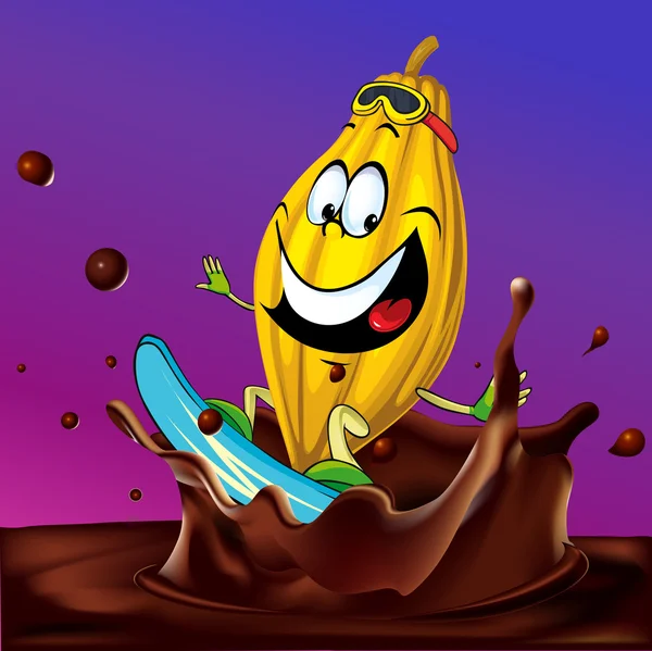 Vaina de cacao surfeando en salpicadura de chocolate - ilustración vectorial con fondo violeta — Vector de stock