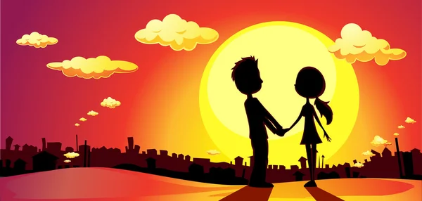 Lovers silhouette in sunset - vector illustration — Stock Vector