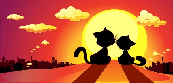 Gatos en el amor silueta en la puesta del sol - vector de ilustración — Vector de stock