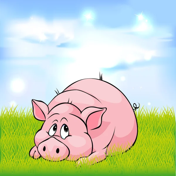 Cartone animato suino posa su erba verde - illustrazione vettoriale — Vettoriale Stock