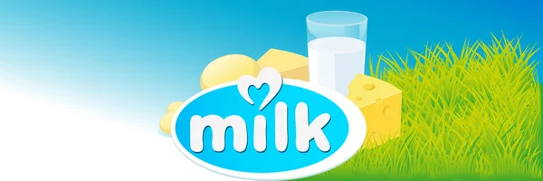 Векторный дизайн с молоком, молочным продуктом и зеленой травой — стоковый вектор