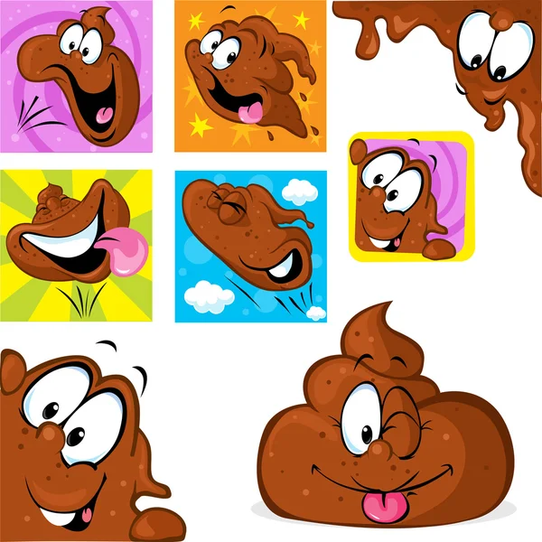 Funny poo character in many position - jumping, peeking out, laying, flying — Stock Vector