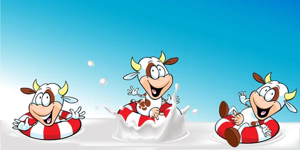 Design vetorial com vaca engraçada nadando no leite —  Vetores de Stock