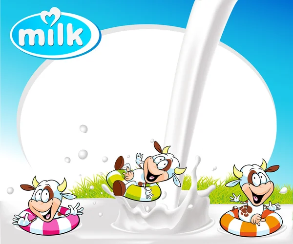 Marco de vector con salpicadura de leche, vaca divertida natación y hierba verde — Vector de stock