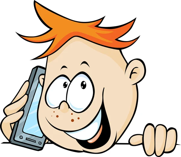 Jongen bellen met mobil telefoon, gluren uit - vectorillustratie — Stockvector
