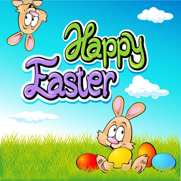 Happy easter text- design with bunny, eggs and spring background — Stock Vector