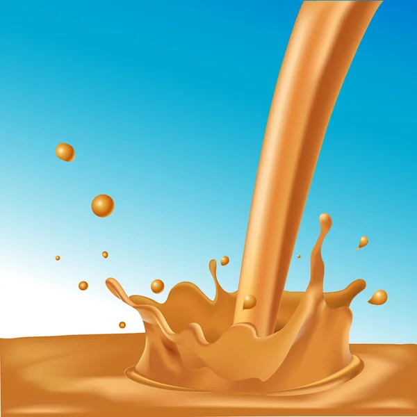 Splash van warme koffie of karamel op blauwe achtergrond - vectorillustratie — Stockvector