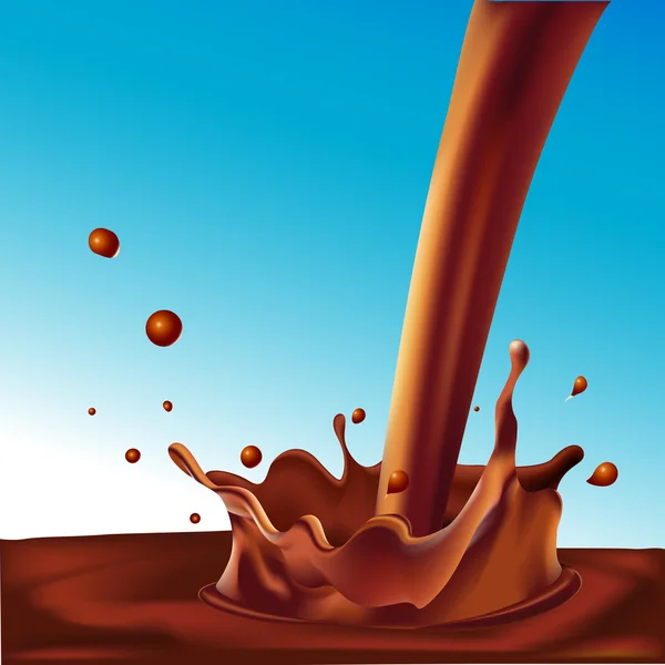 Salpicadura de café caliente o chocolate ligero sobre fondo azul - ilustración vectorial — Vector de stock