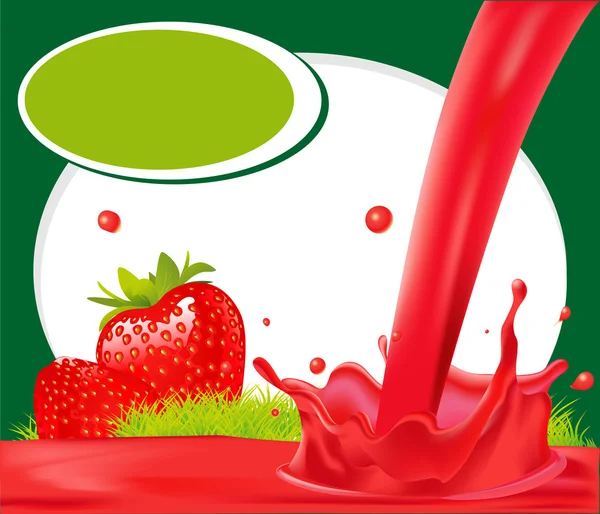 Red splash of strawberry juice in green frame - vector design — Stock Vector