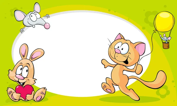 Zábavný snímek s roztomilá zvířátka - kočka, králíček a myš — Stockový vektor