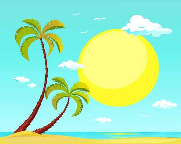 Playa de verano con palmera y sol grande - ilustración vectorial — Archivo Imágenes Vectoriales