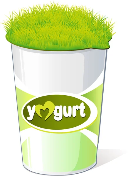 Műanyag tartályban a joghurt, a zöld fű - vektor — Stock Vector