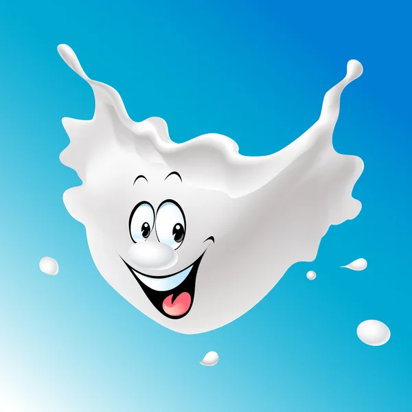 Διάνυσμα παφλασμό του γάλακτος με αστείο πρόσωπο - εικονογράφηση με μπλε φόντο — Διανυσματικό Αρχείο