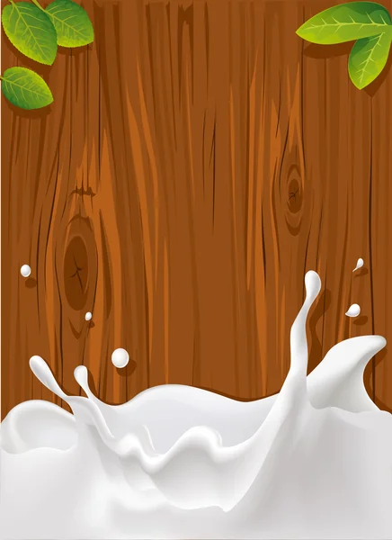 Vector de salpicadura de leche con textura de madera para el fondo y hojas verdes — Vector de stock