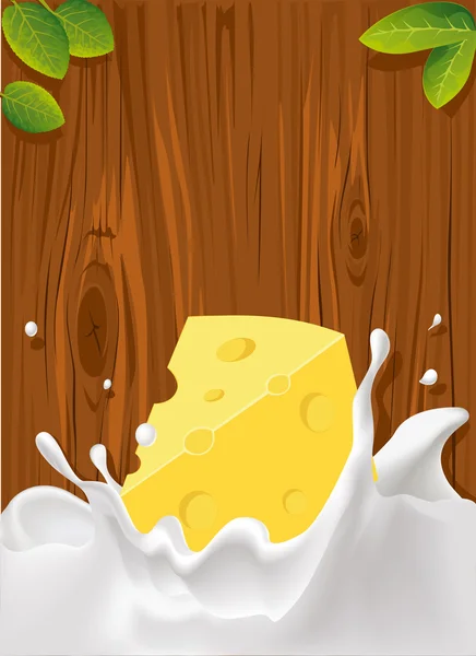 Éclaboussure vectorielle de lait au fromage, texture de bois pour fond et feuilles vertes — Image vectorielle