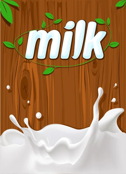 Vector de salpicadura de leche con textura de madera para el fondo - etiqueta de la leche con hojas verdes — Vector de stock