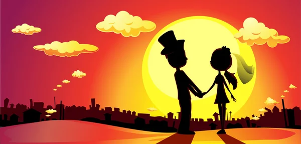 Silhouette de mariage au coucher du soleil - illustration horizontale vectorielle — Image vectorielle