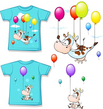 uçan balon - vektör çizim komik yazdırılan inek ile gömlek