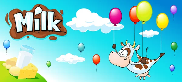 Funny design with cow, colorful balloon and milk products - horizontal banner — Stock Vector