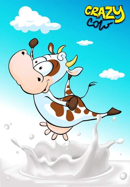 Diseño con vaca loca saltando sobre salpicaduras de leche - vector de dibujos animados — Vector de stock