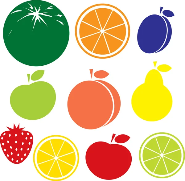 Fruit icon - apple, peach, lemon, orange, strawberry, pear, melon, plum, lime — Stock Vector