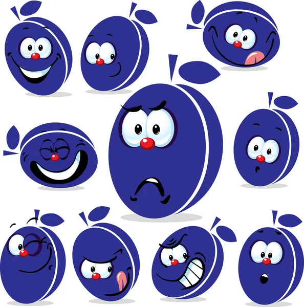 Plum pictogram cartoon met grappige gezichten geïsoleerd op wit — Stockvector