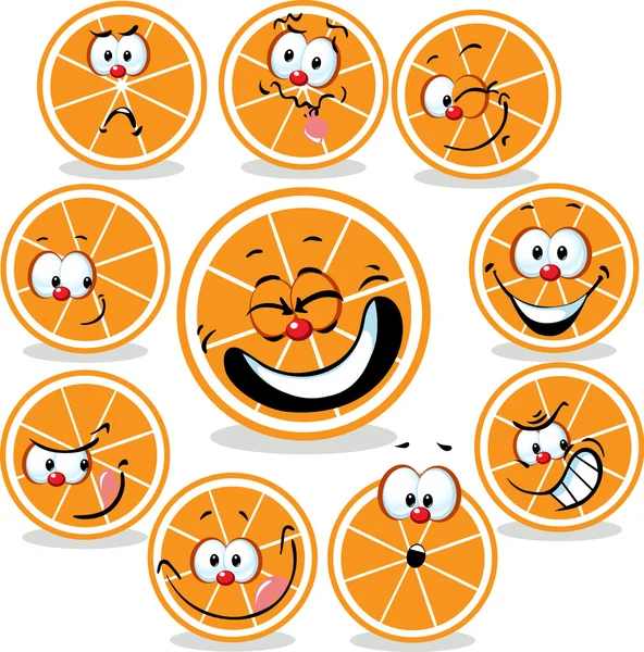 Dibujos animados icono naranja con caras divertidas aisladas en blanco — Vector de stock