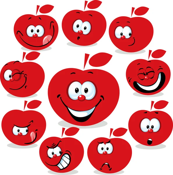 Rode appel pictogram cartoon met grappige gezichten geïsoleerd op wit Stockvector