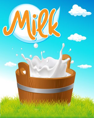 wooden pail with milk tag, green grass and blue sky