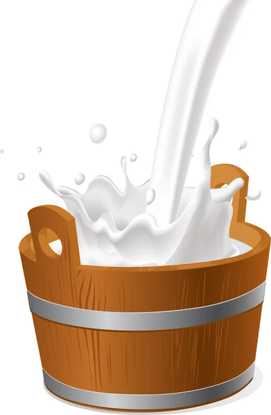 Cubo de madera con leche verter aislado en blanco - ilustración vectorial — Vector de stock
