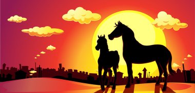 banner horses in SUNSET above the city - vector illustration clipart