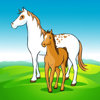 horses on meadow - mare and foal, vector illustration