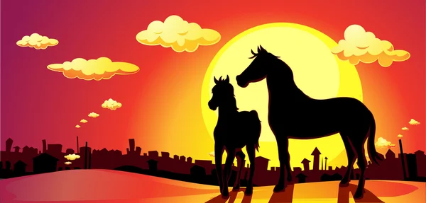 Banner horses in SUNSET above the city - vector illustration — 图库矢量图片