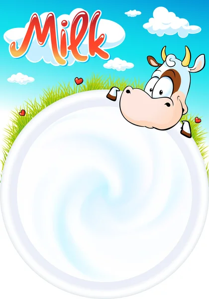 Design engraçado com vaca bonito está olhando para uma xícara de leite - vetor — Vetor de Stock