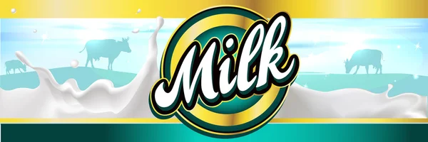 Label ontwerp banner met melk splash, landschap en koe melk - vector — Stockvector