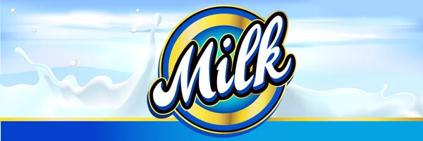 Banner de diseño de etiqueta de leche con salpicadura de leche y cielo - vector — Archivo Imágenes Vectoriales
