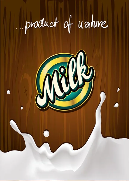 Etichetta del latte su fondo di legno con disegno spruzzi di latte - vettore — Vettoriale Stock